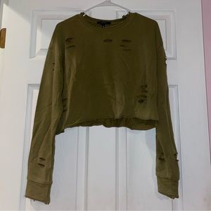 Forever 21 Olive Green Distressed Cut Out Cropped Sweater Top